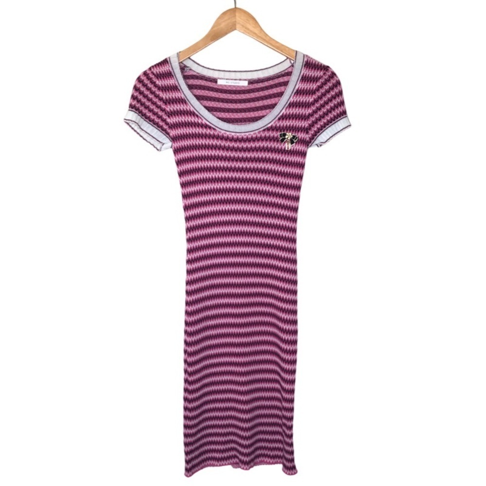 MS Studio Knitted Fitted Midi Dress Short Sleeve Side Slit 90’s Y2K Girlhood XS‎